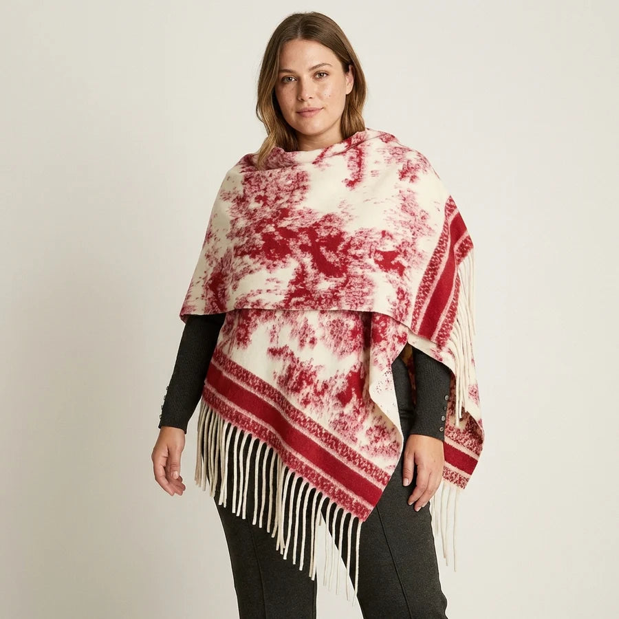 Poncho Rojo con Estampado Abstracto