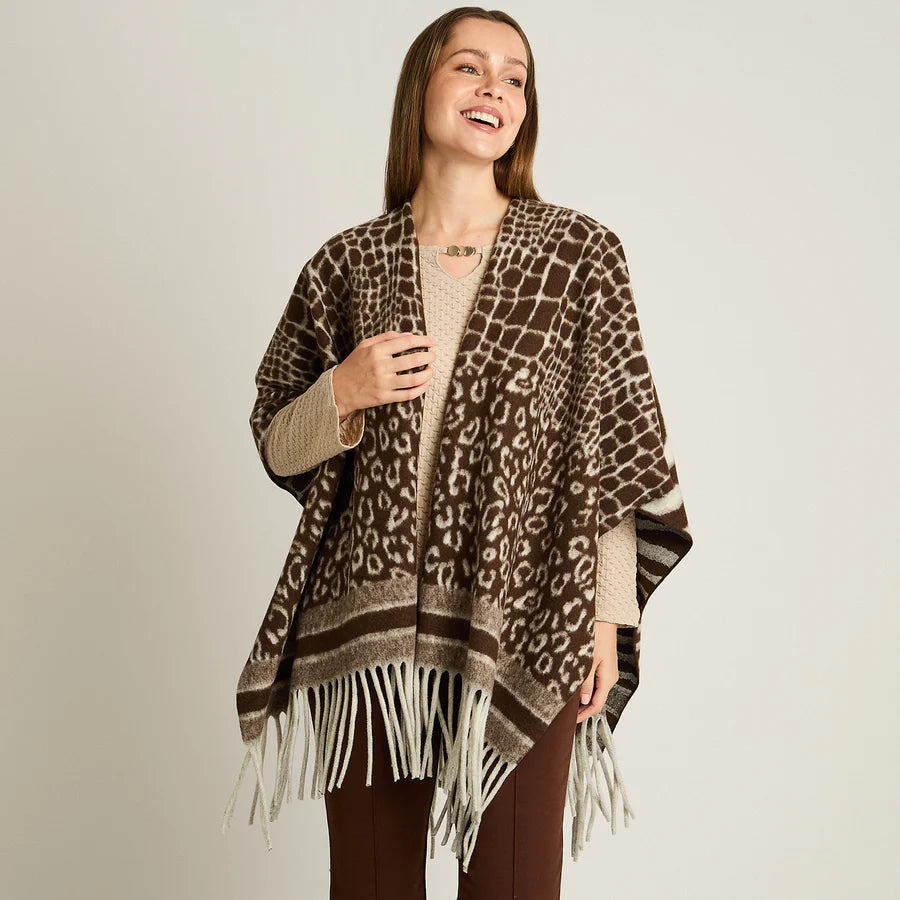 Poncho Café con Estampado Animal Print