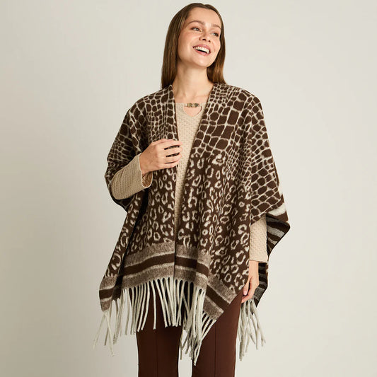 Poncho Café con Estampado Animal Print