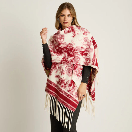 Poncho Rojo con Estampado Abstracto